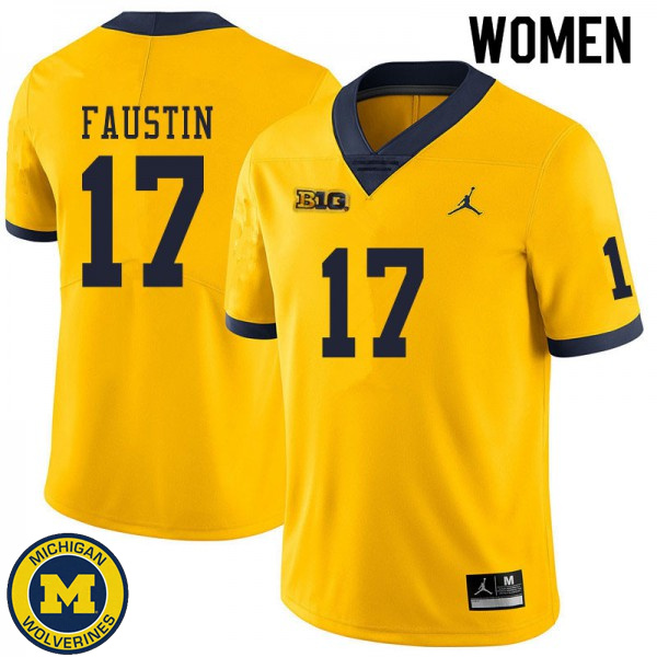 Womens University of Michigan #17 Sammy Faustin Yellow College Football Jersey